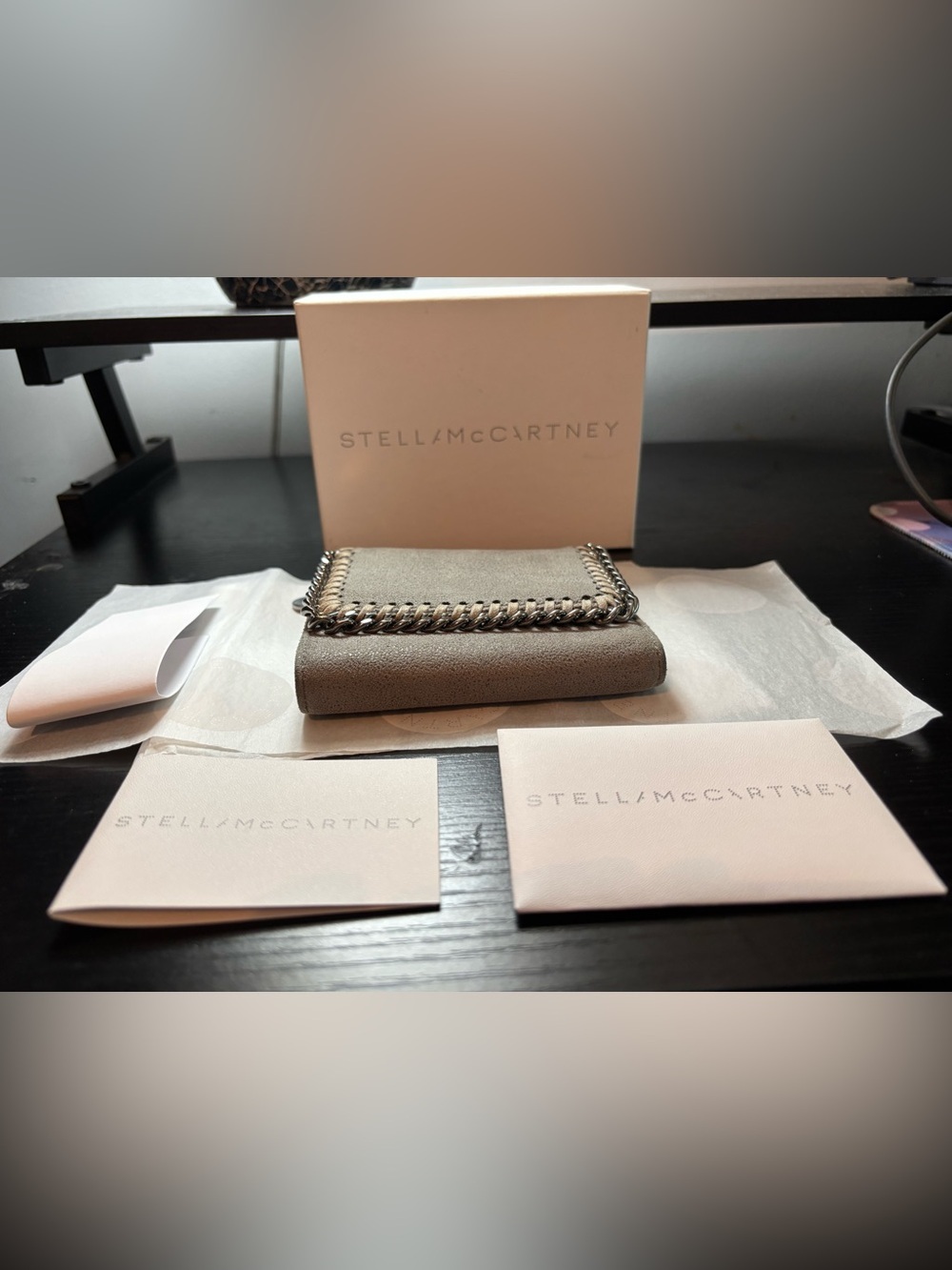 Auth Stella McCartney Falabella Grey Flap Wallet W/ Box & Authenticity Card
